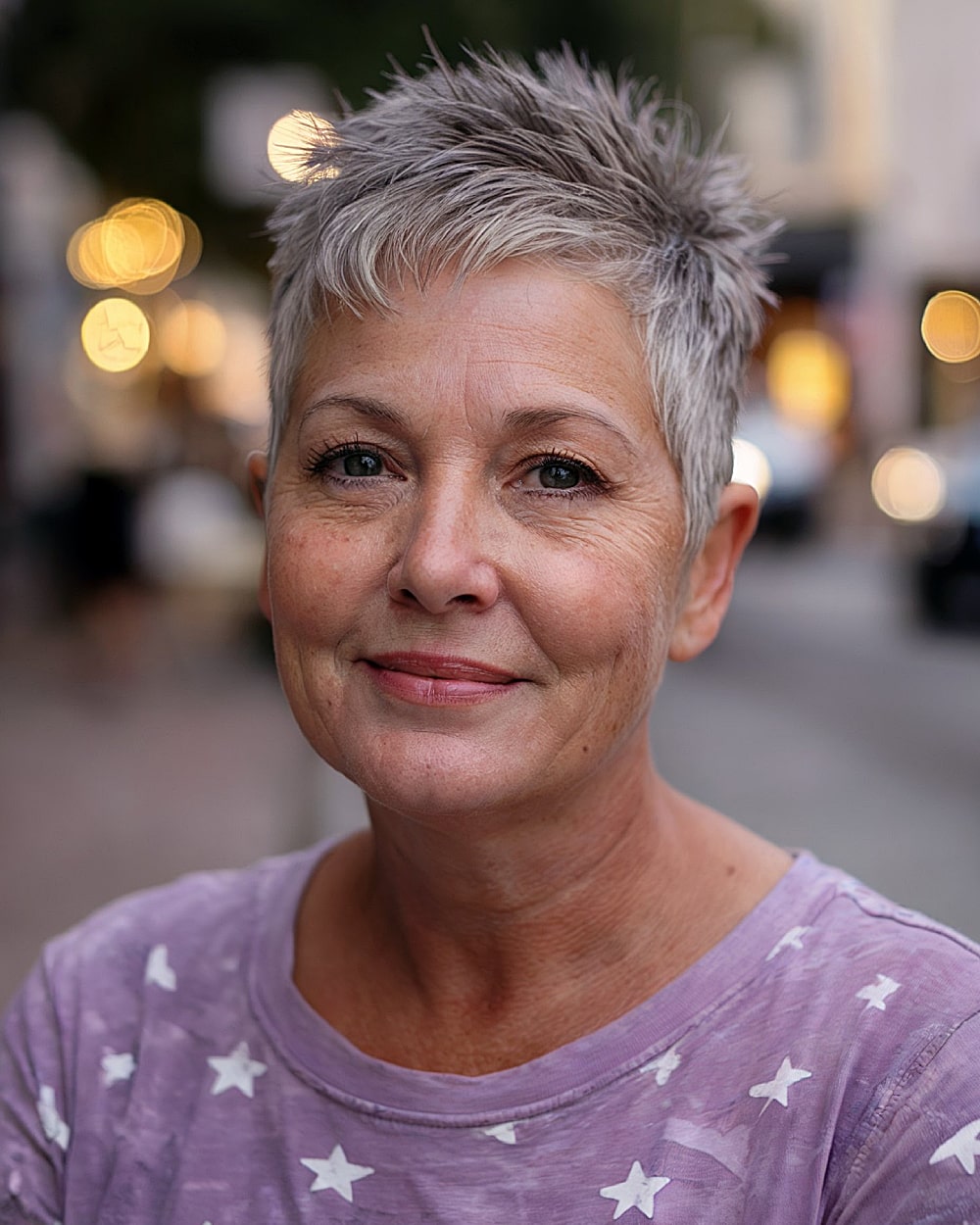 Layered pixie cuts for round faces over 60 with spiky texture and salt and pepper color