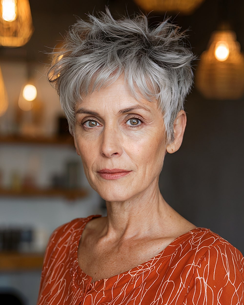 Short choppy crop for women over 60 with sharp silver layers and textured bangs