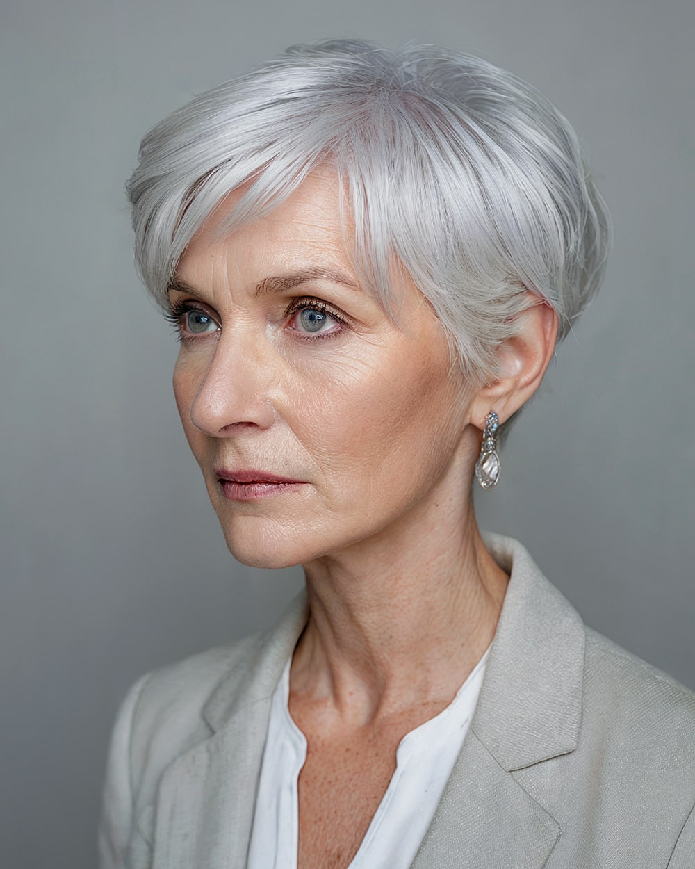 Short silver pixie for over 60s with a pointed nape and side fringe