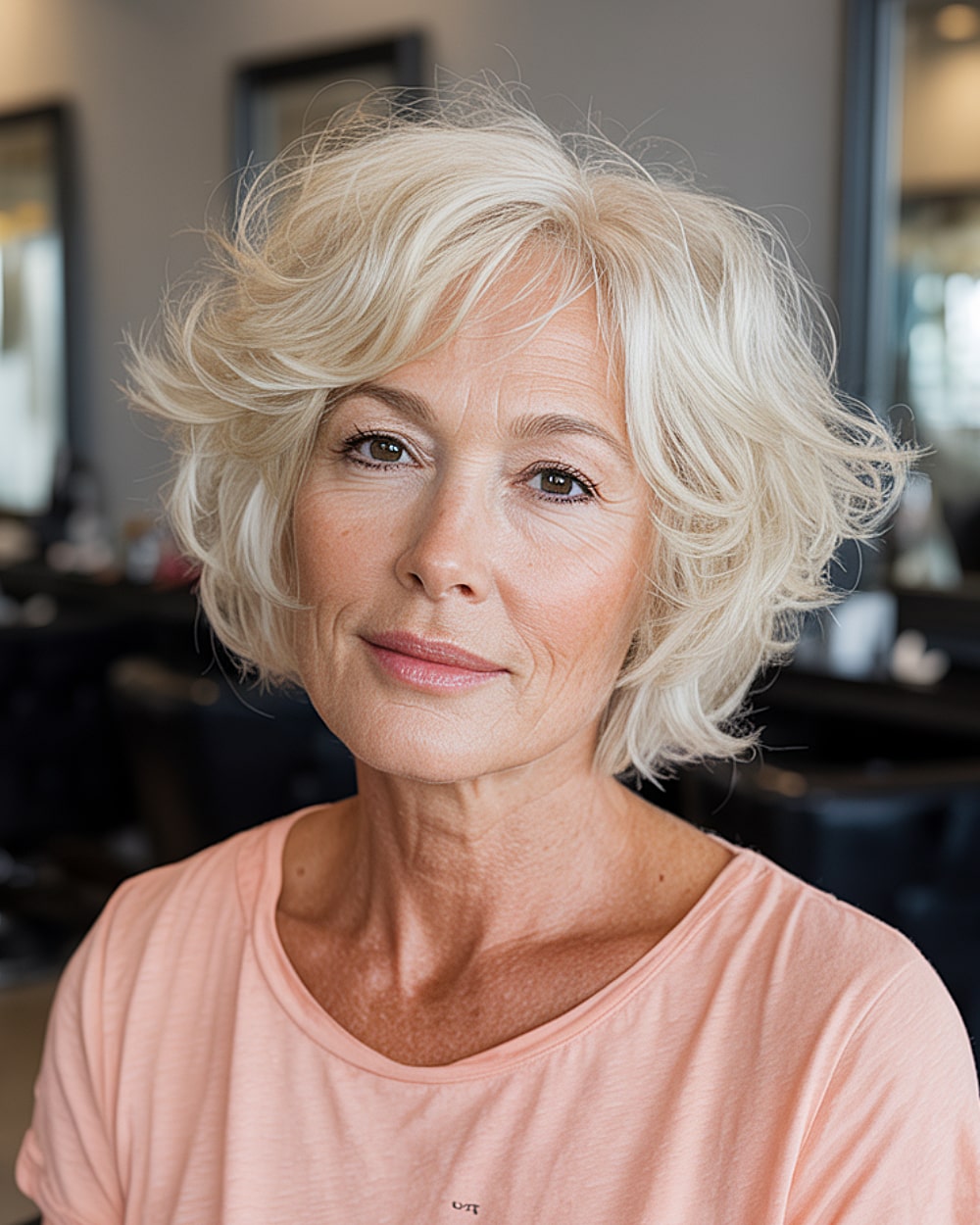 Short blonde layered bob for women over 60 with soft curls and airy texture