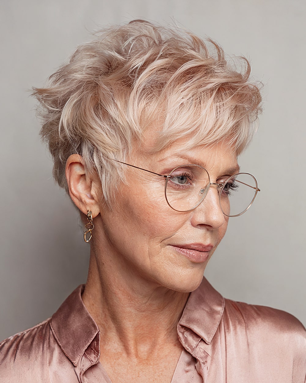 Stylish short layered hairstyle for over 60s with pale blonde texture and soft fringes.