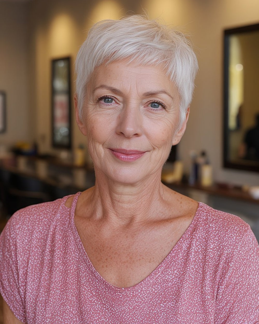 Classic short haircut for people over 60 with clean lines and soft cilia