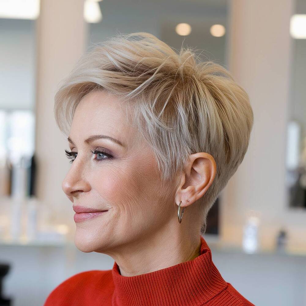 Short pixie haircut with volume, an easy-to-style modern haircut for women over 60