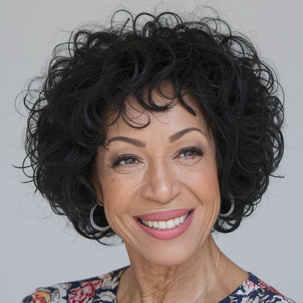 Curly bob haircut for natural texture, enhanced volume and definition for women over 60