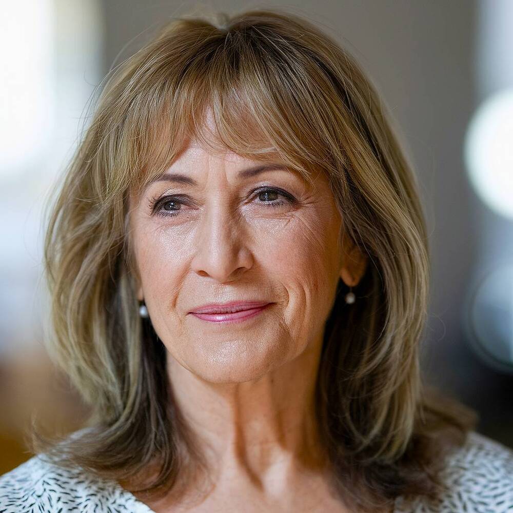 Shoulder-length haircut with soft layers and bangs, ideal for women over 60 who are looking for a youthful look