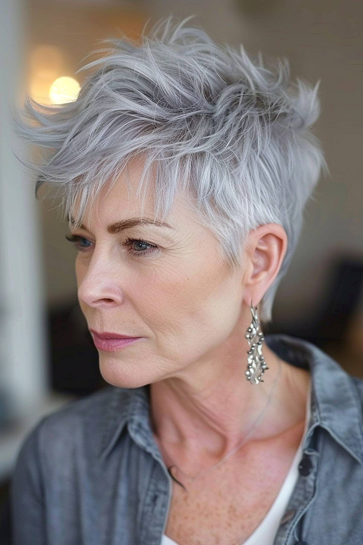 Shaggy crop with soft fringe and silvery gray tone