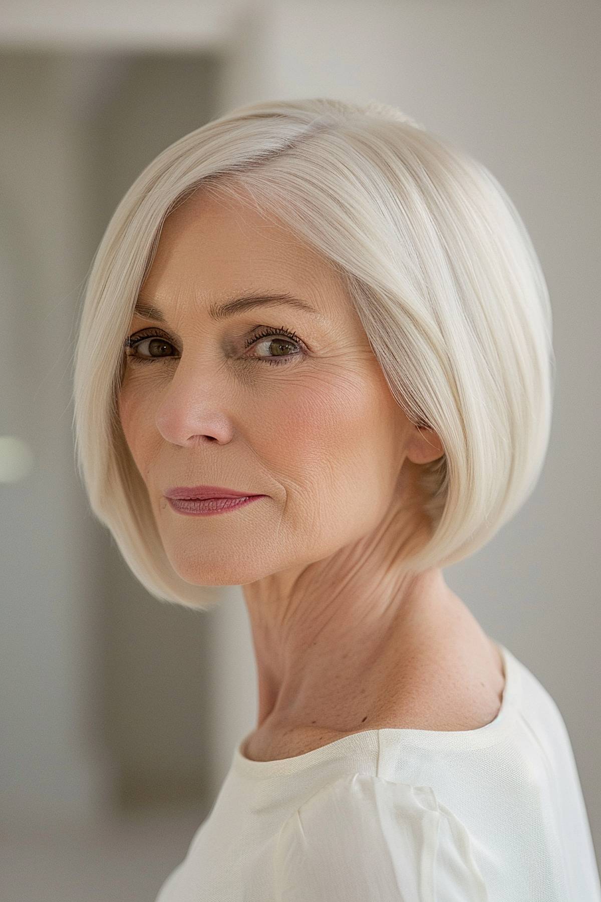 Sleek, jaw-length white bob with side part