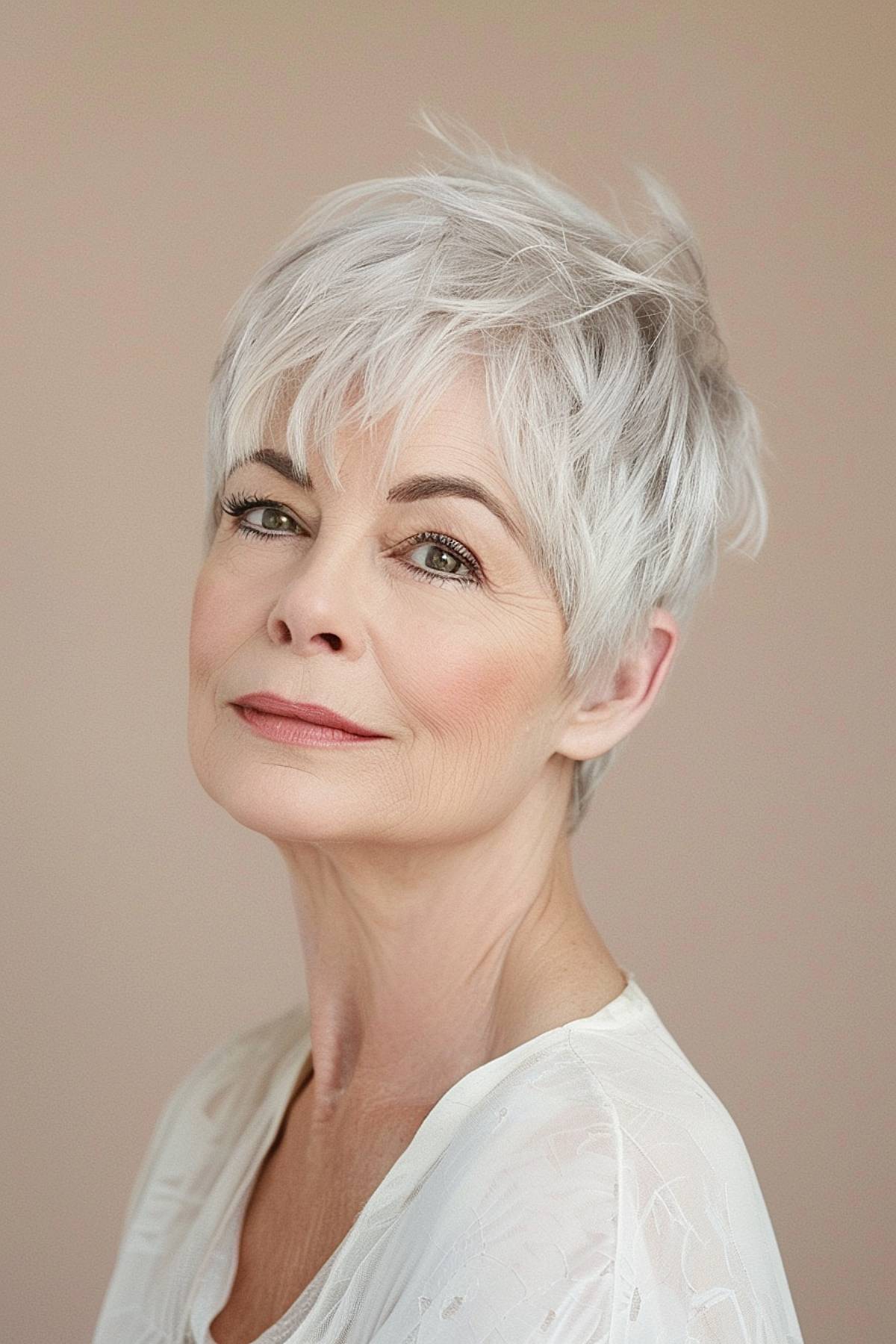 Silver and white pixie cut with layers of feathers