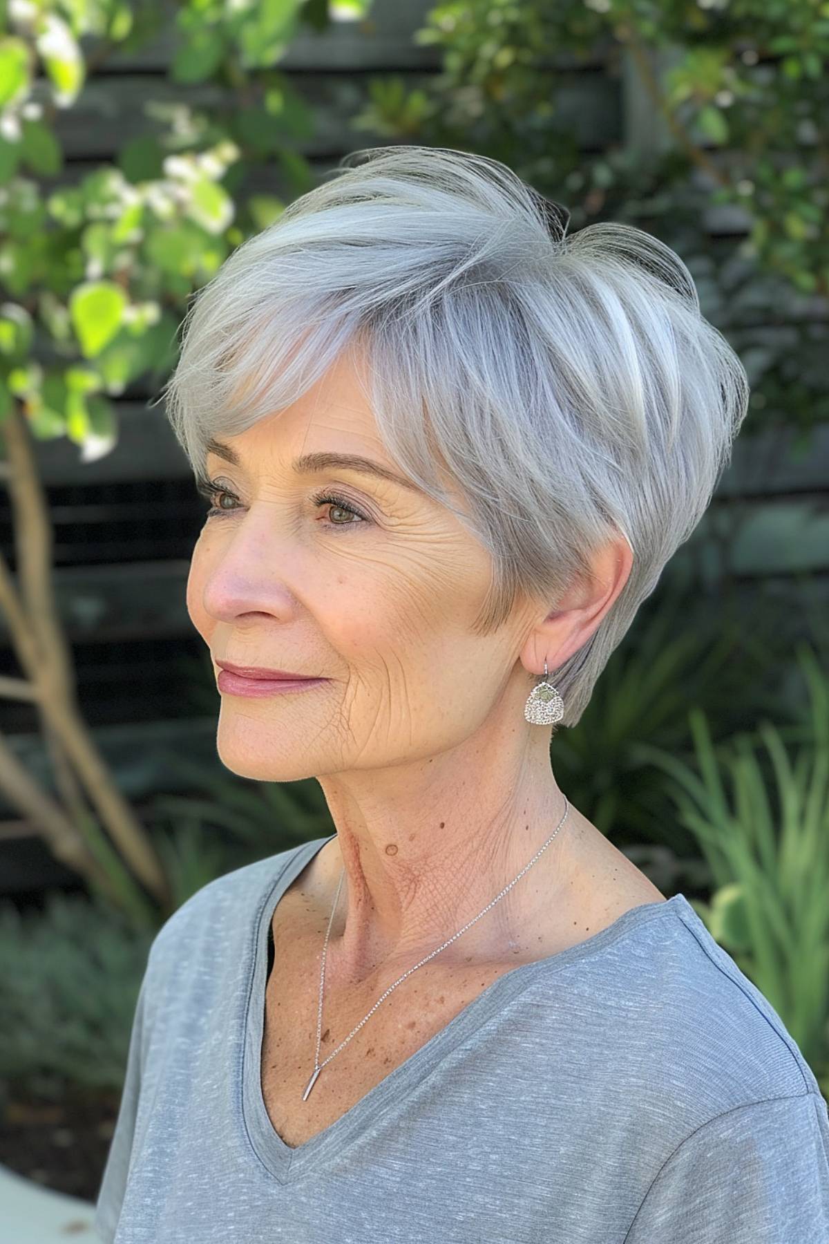 Elegant crop with crown volume and snowy white tone