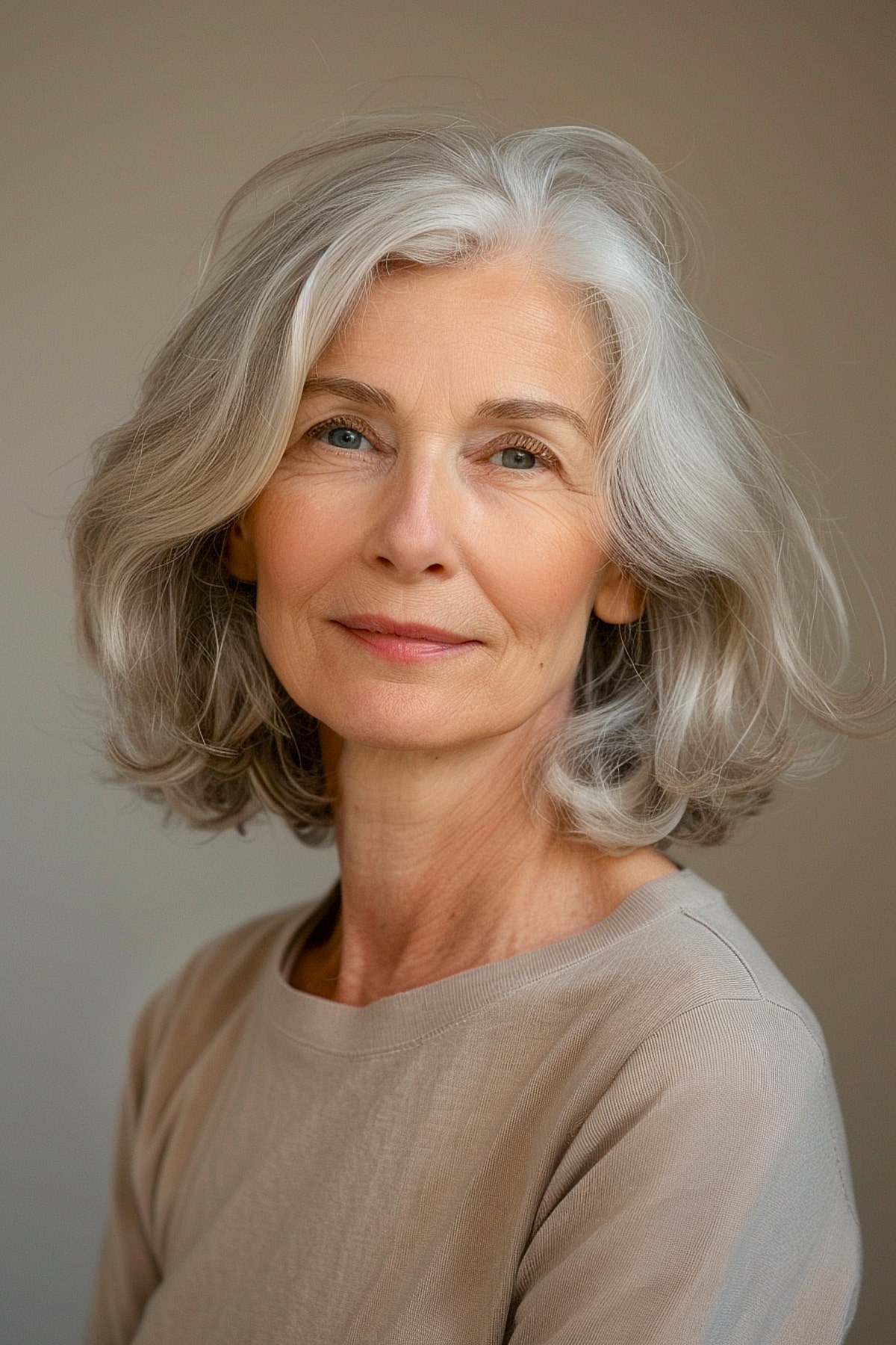 Layered bob hairstyle with curly ends for women over 60