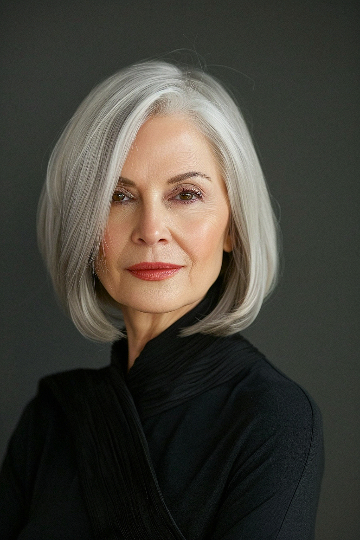 Chin-length silver bob with side bangs for women over 60
