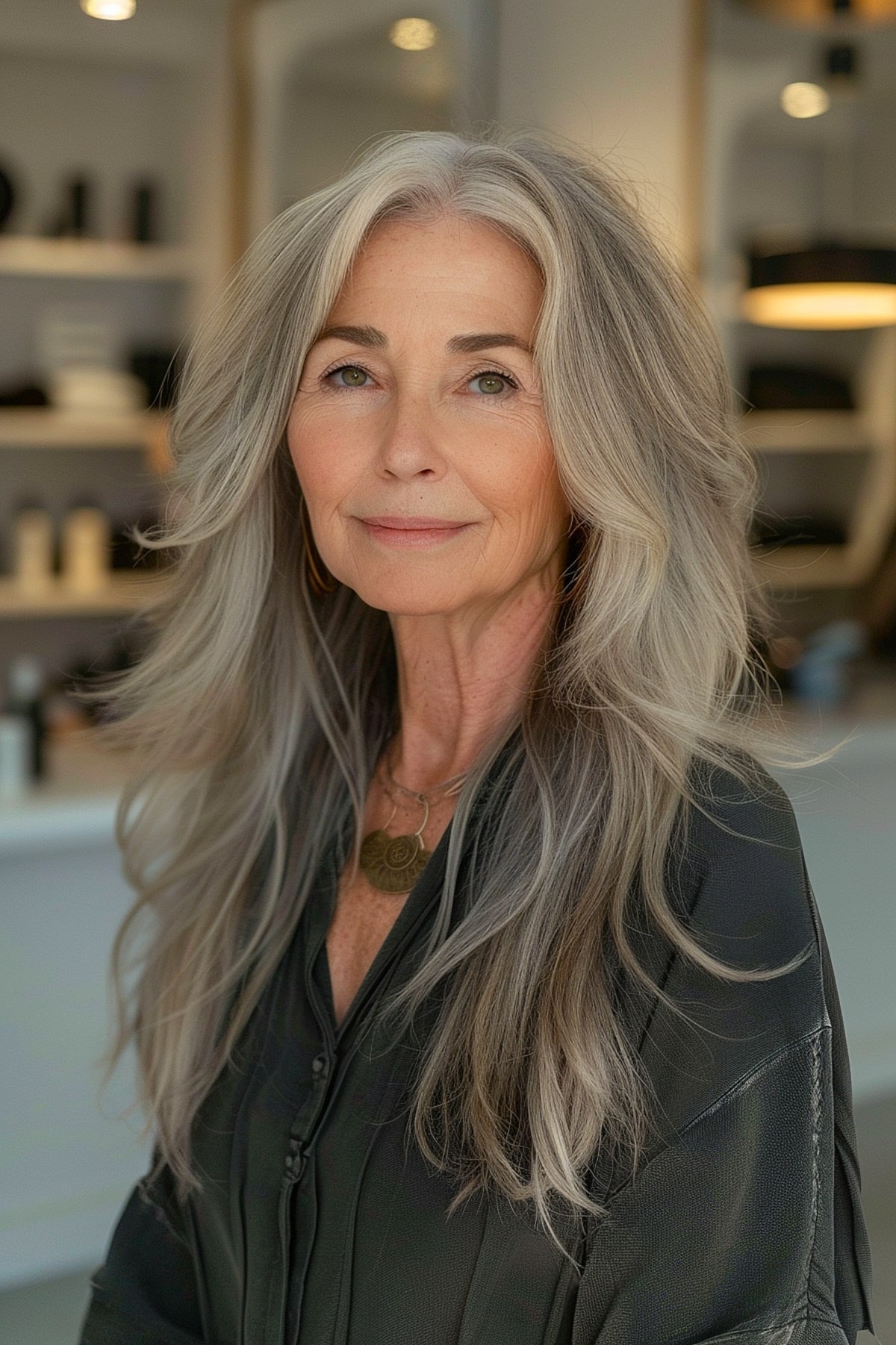 Waist length layered hairstyle for women over 60