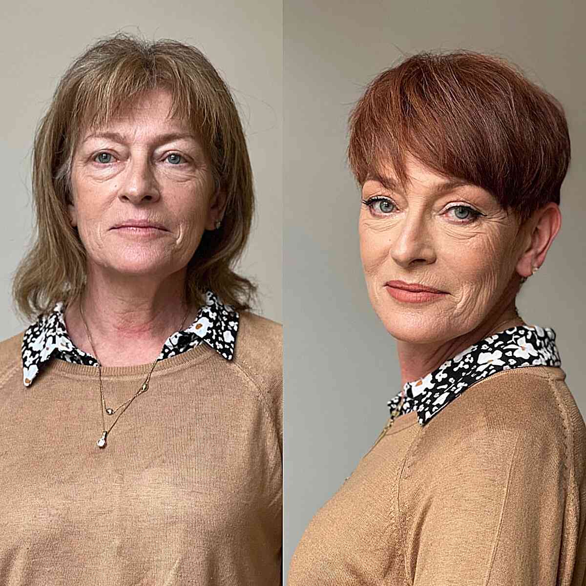 Pixie bowl cut with full bangs for 60 year old women