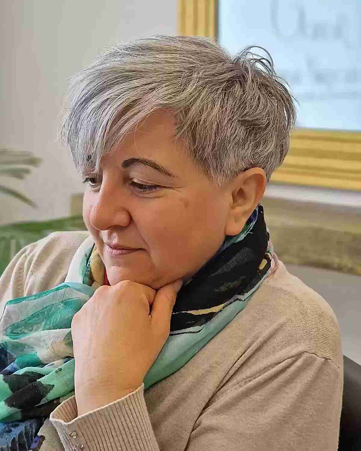 Layered pixie cut with side fringe for 60 year old women