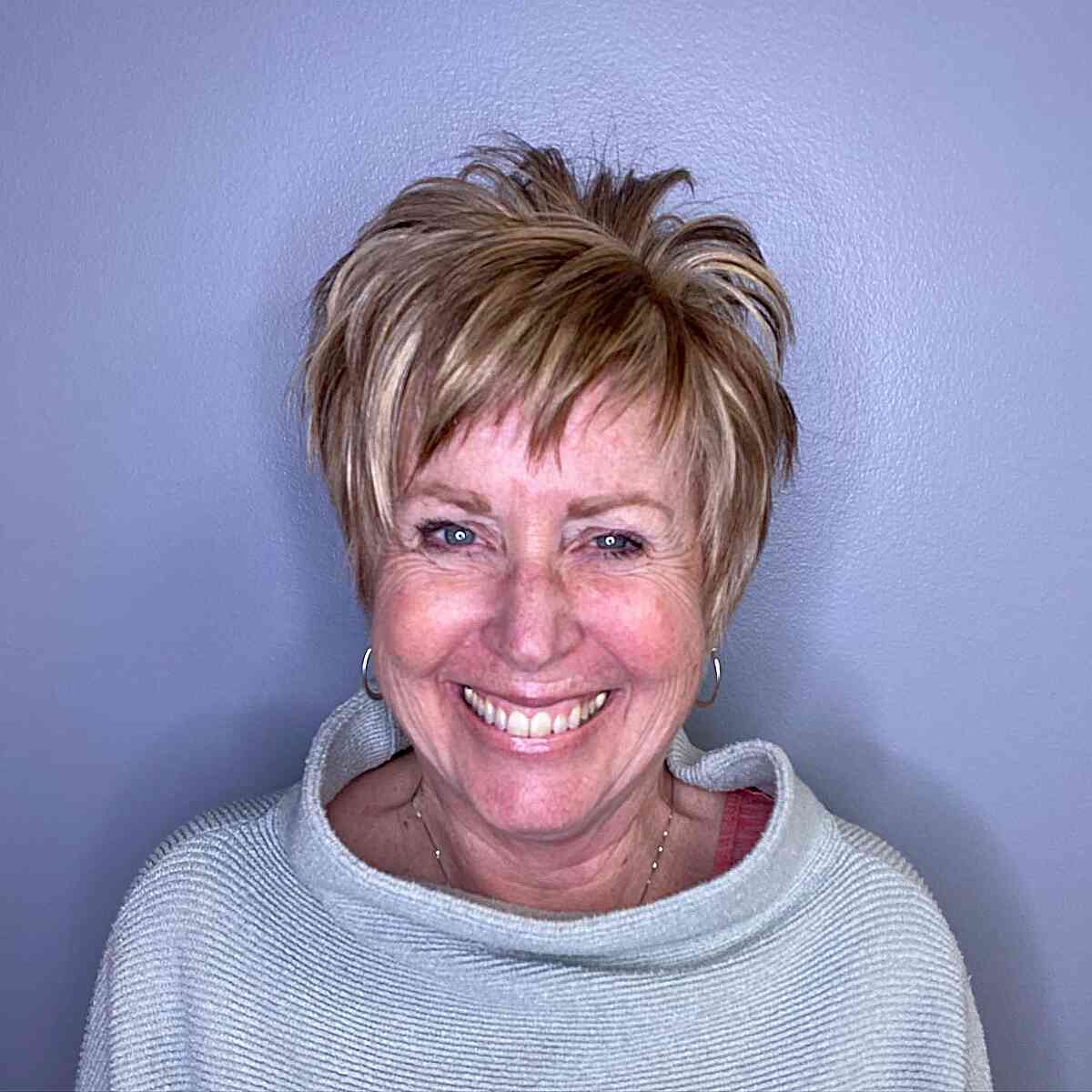 Feather pixie cut with choppy bangs for women 60 and up