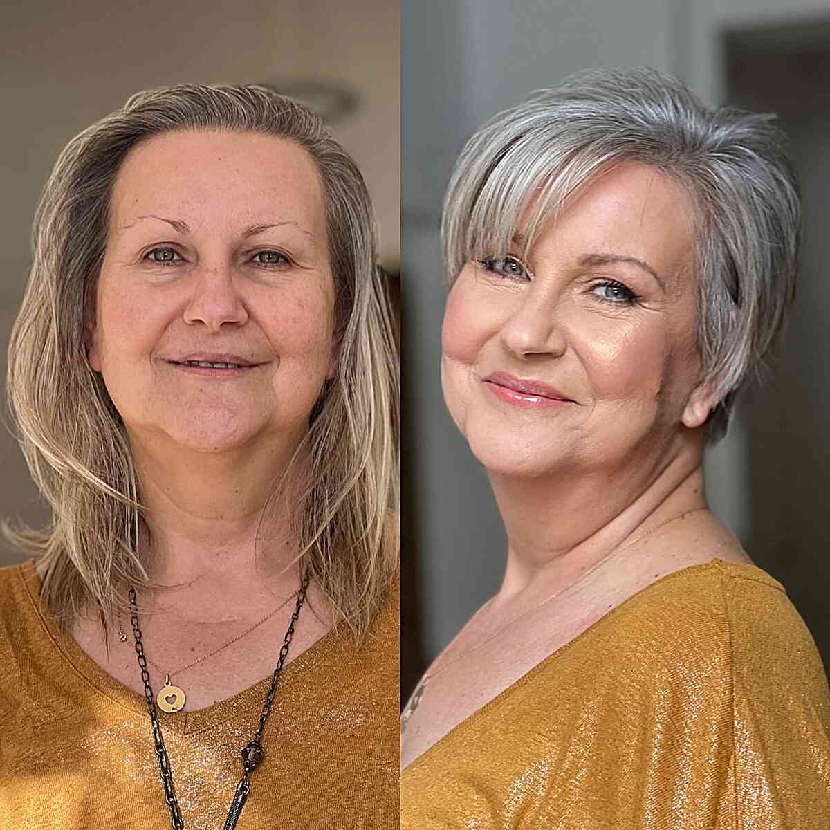 Short gray pixie with side bangs for women in their 60s