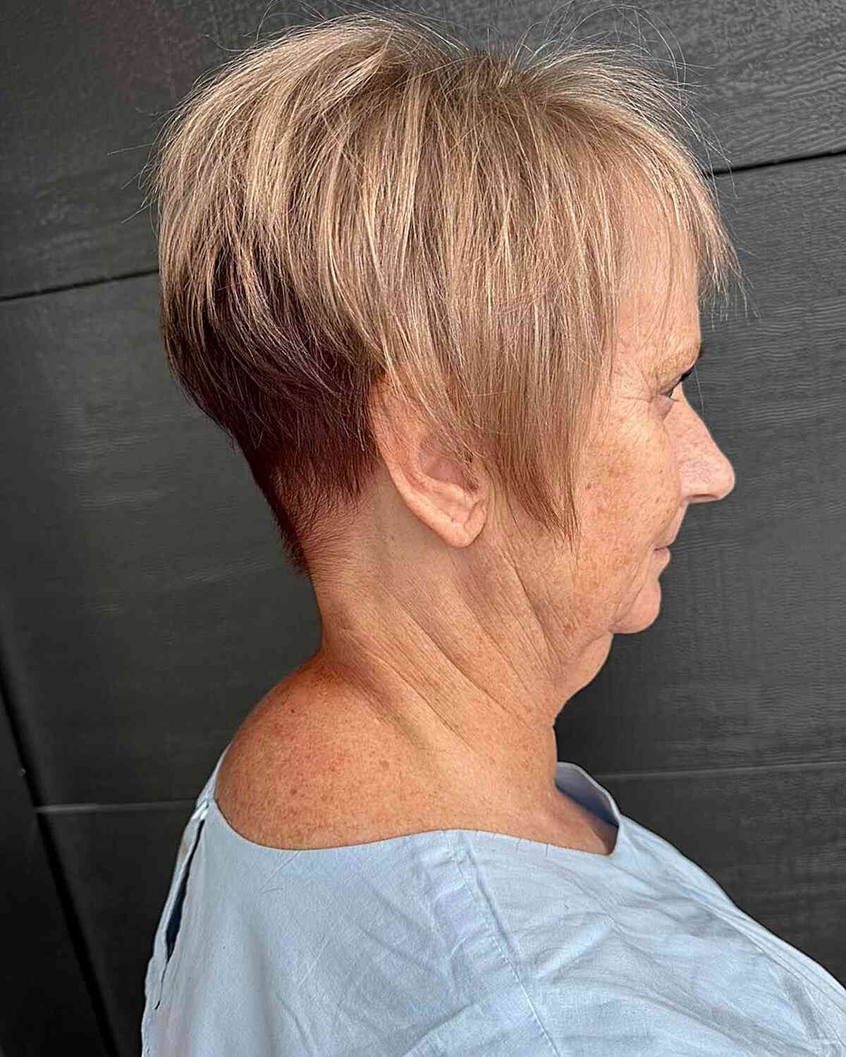 Autumn inspired pixie with thin bangs for women over 60