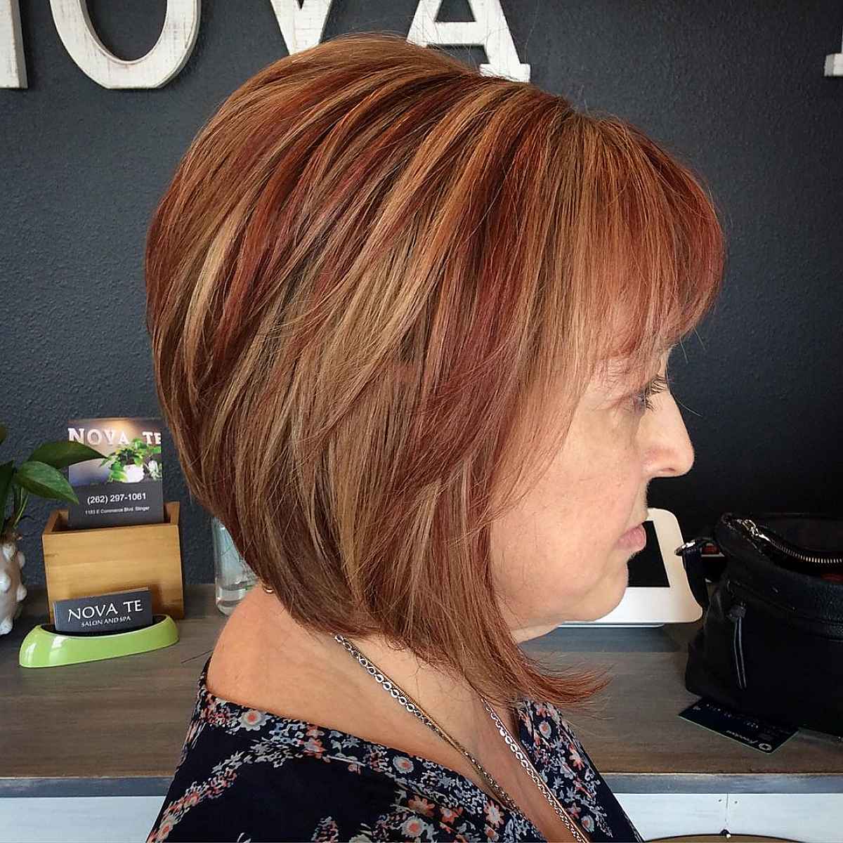 Neck-length bob cut with wispy bangs