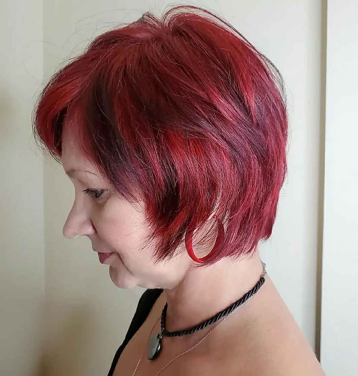 Rich red long pixie bob