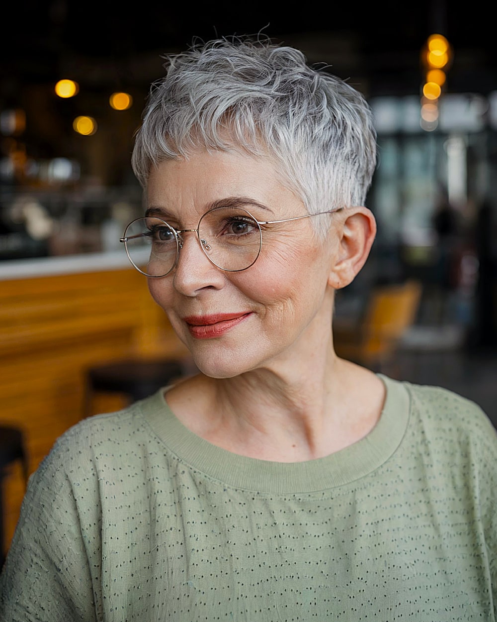 Short short haircut for women over 60 with glasses and soft silver hair