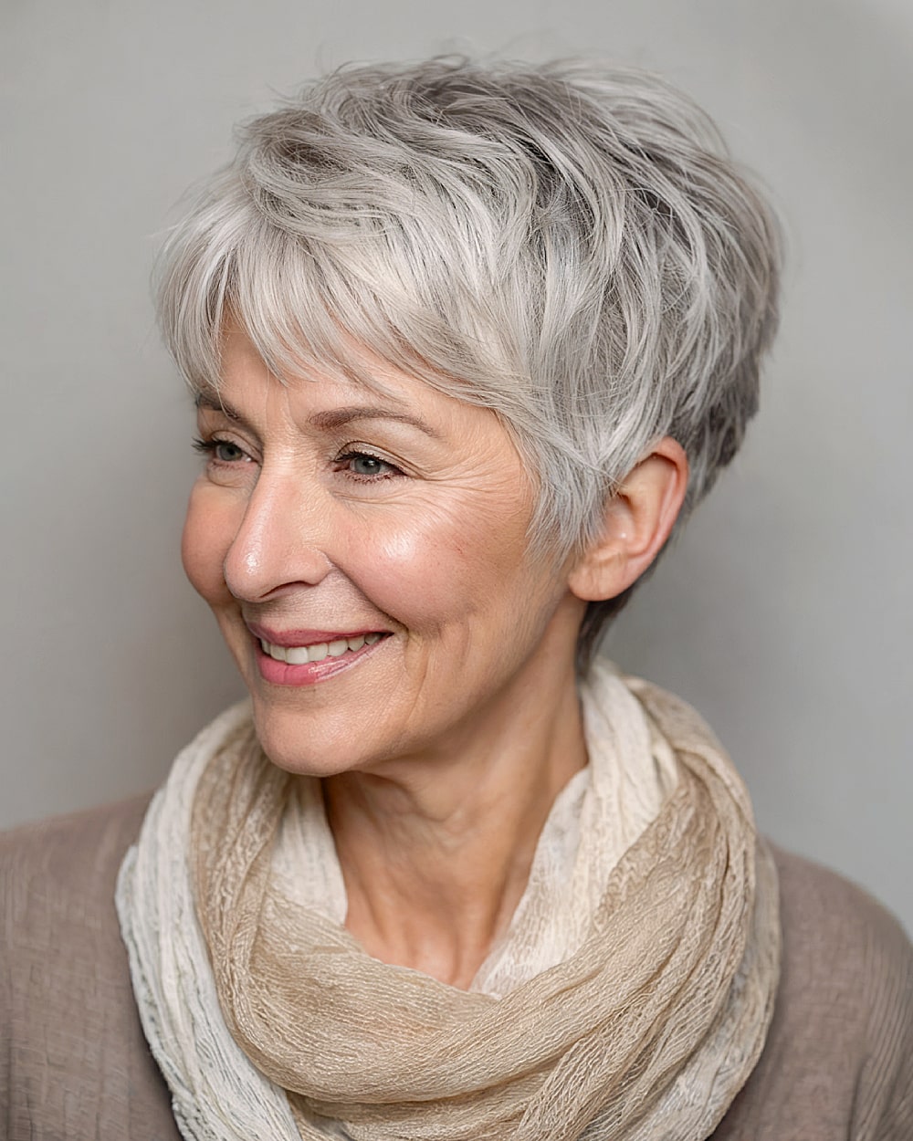 Long feathered pixie cut with layered crown and voluminous side part for women over 60