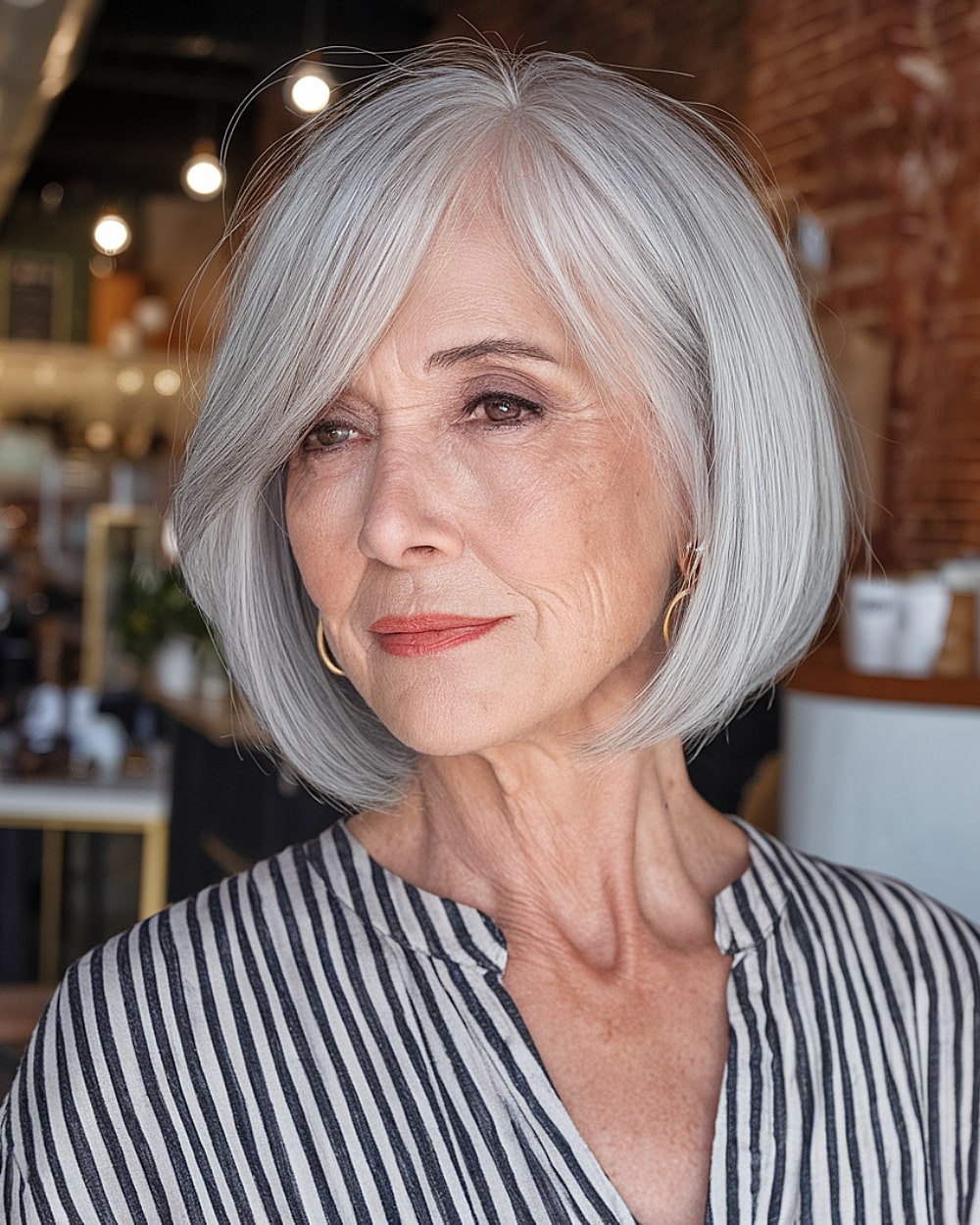 Stylish chin-length gray bob with side bangs for women over 60