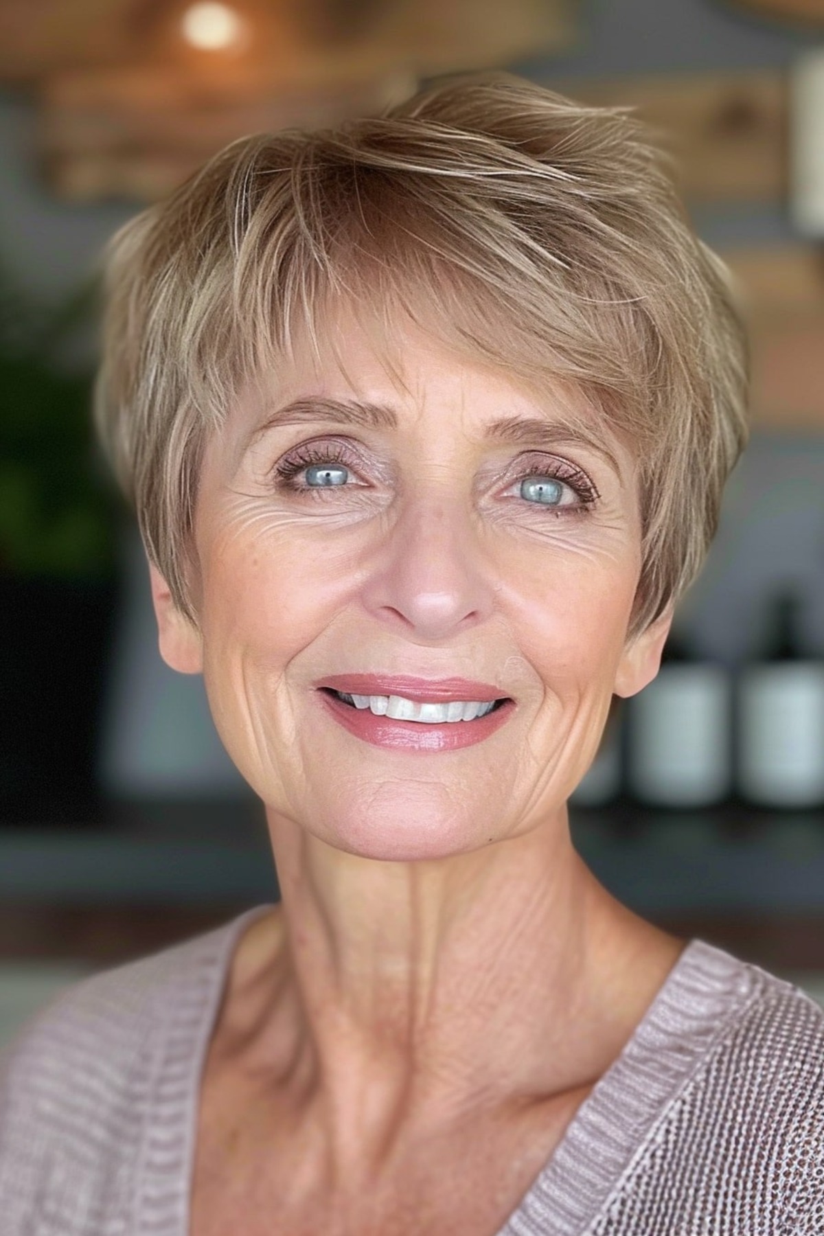 Soft pixie haircut with side bangs for older women