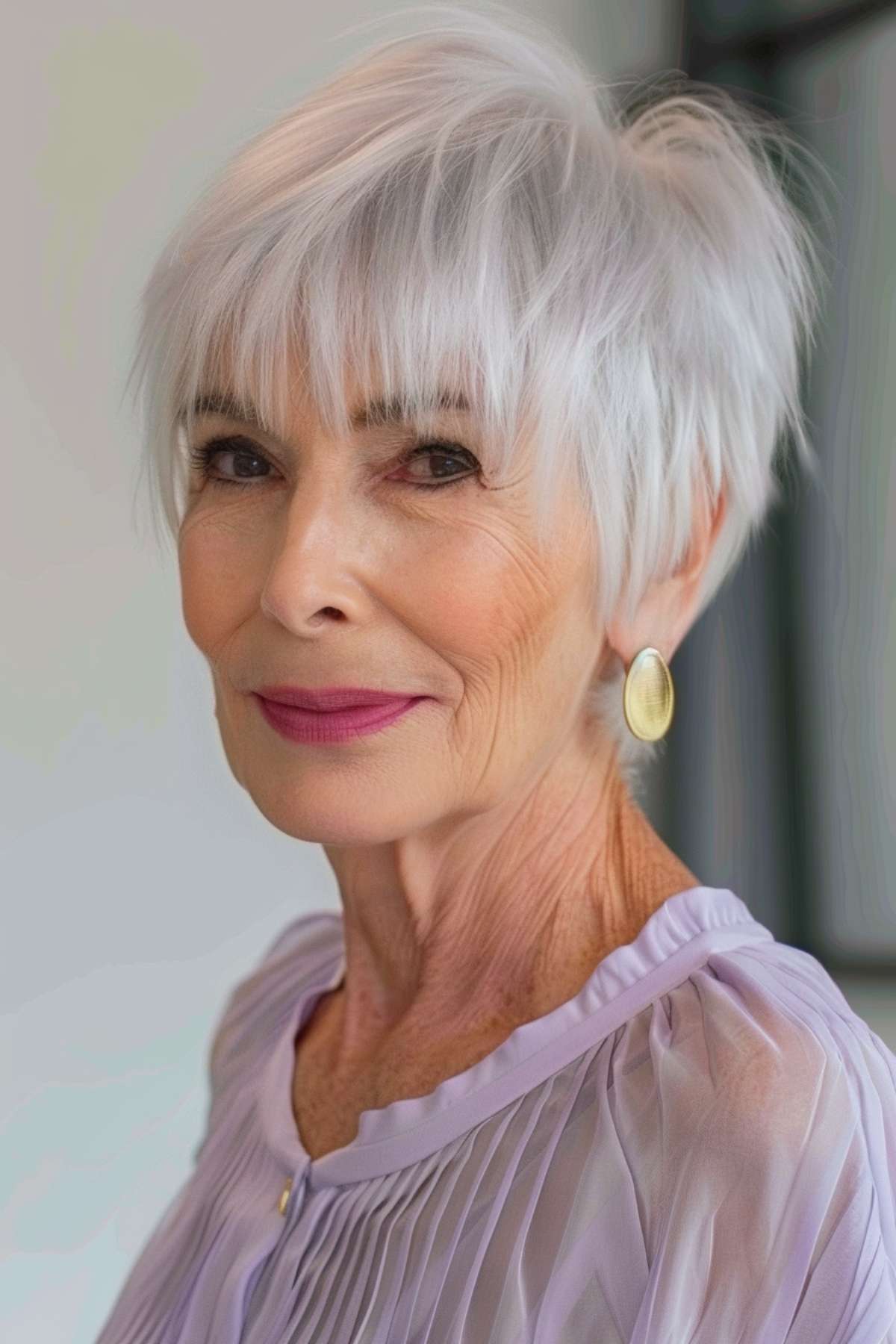 Mature woman sporting a voluminous pixie cut with stylish bangs, dressed in a light purple blouse.