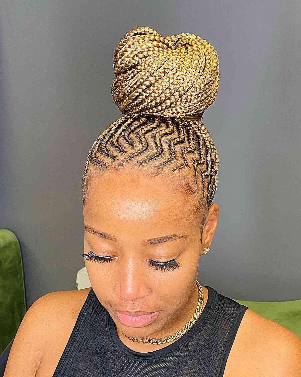 Blonde curly braids with a big bun